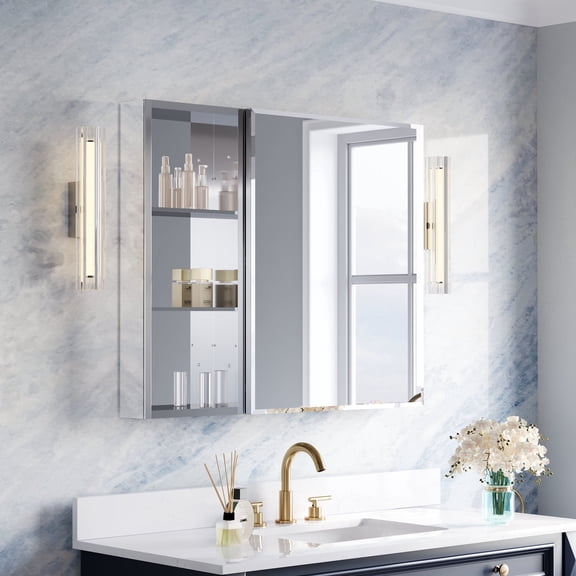 ANGELES HOME 36 x 30 in. Aluminum Copper-Free Bathroom Mirror Medicine Cabinet with Beveled Mirror Door and Open Shelf, Surface or Recessed Mount