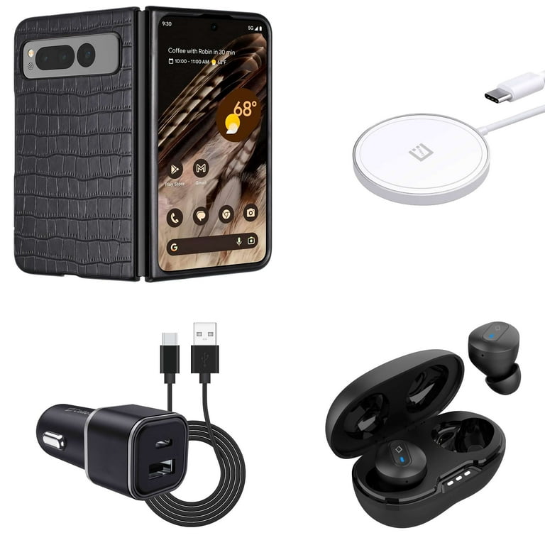 Premium Accessories for Google Pixel Fold PU Leather Snap On Phone Case Black Earbuds 15W Magnetic Wireless Charger 30W Dual USB C USB A Car Charger Walmart
