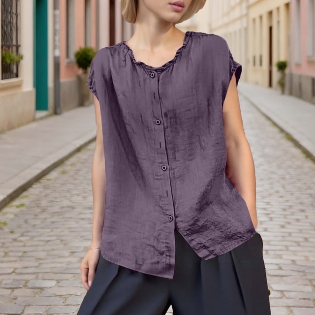 Xuyuer Women's Solid Color Sleeveless Blouse, Lace Collar Cardigan Top Loose Fit Casual Fashion Shirt