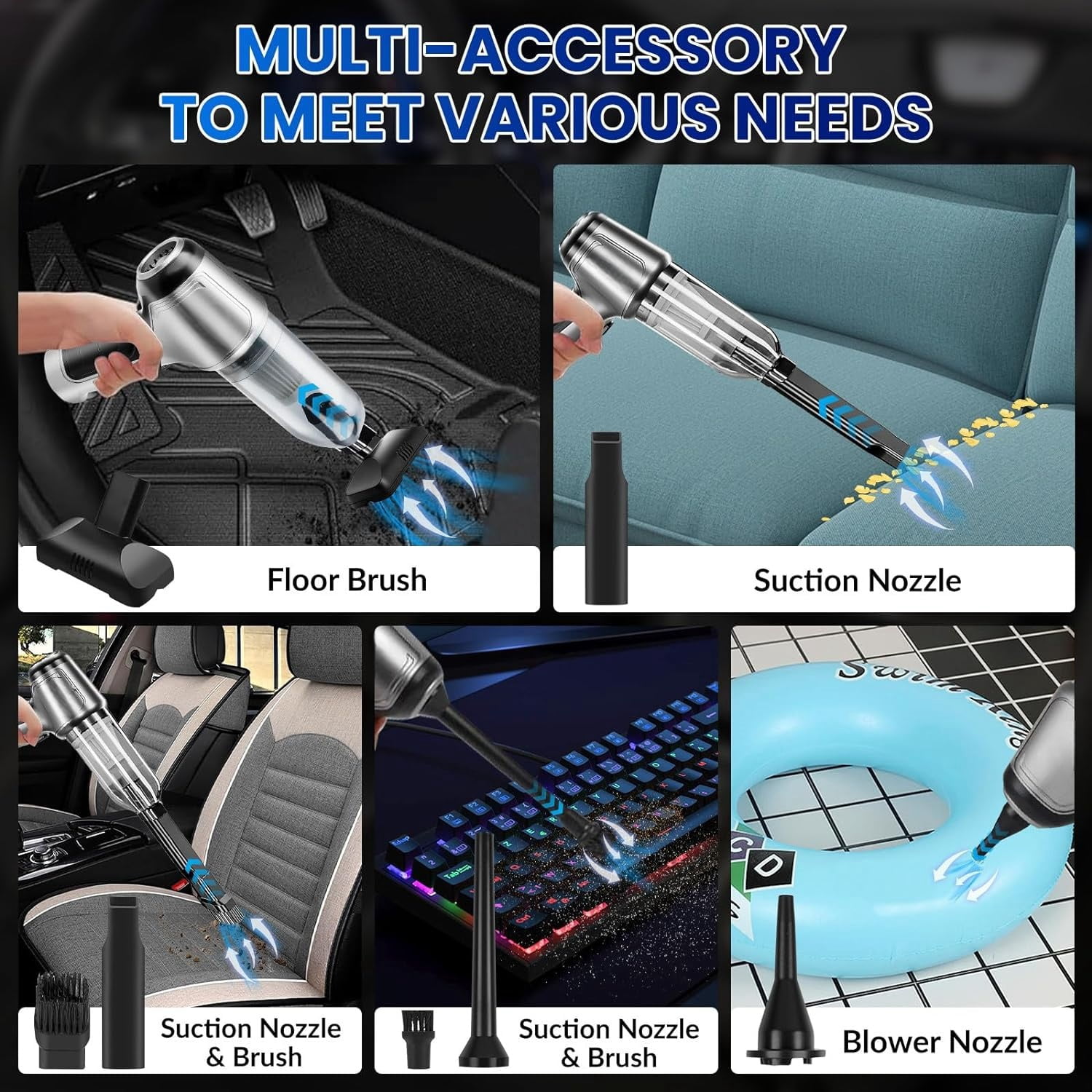 Boyun Daj Handheld Car Vacuum Cleaner, 15000Pa High Power Cordless 7-in-1 Wireless Mini Portable Vacuum Cleaner for Car Home Office, Perfect for Pet Hair