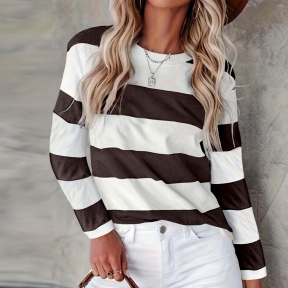 Womens Graphic T-shirts Long Sleeve Crewneck Striped Tee Casual Daily Wear Tops Coffee L