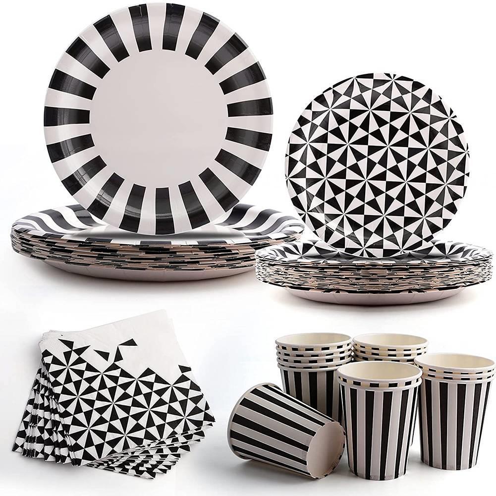 Disposable Paper Plates Cups Black Party Tableware Set 16 Guests for