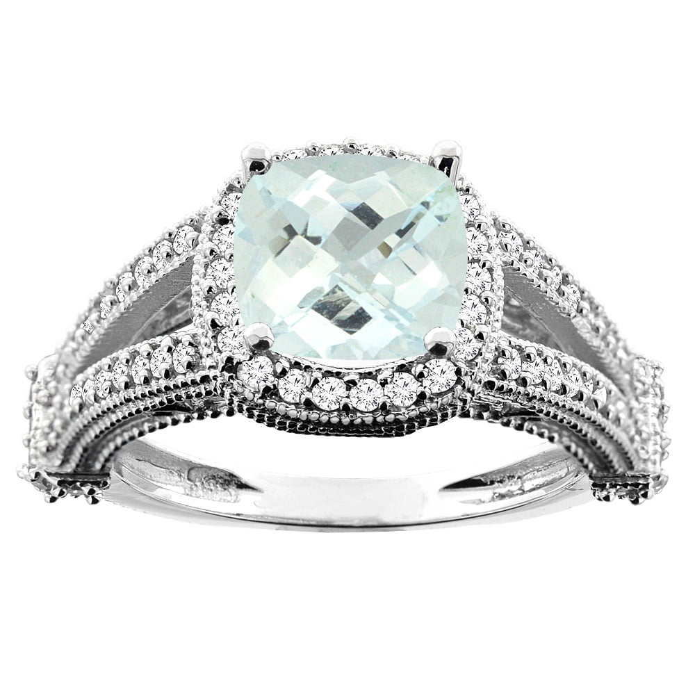 10K White Gold Natural Aquamarine Split Shank Ring Cushion 7x7mm Diamond Accent, size 5 by Gabriella Gold