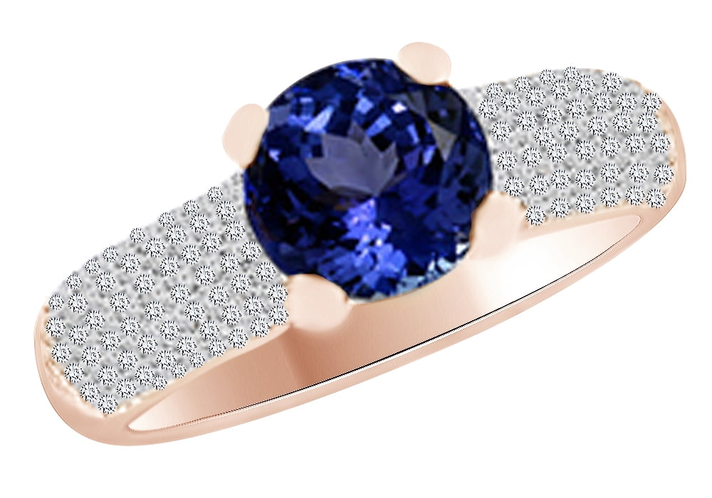 Simulated Blue Tanzanite & White Natural Diamond Engagement Wedding Ring In 14k Rose Gold (1.96 cttw)With Ring Size:-4 by Jewel Zone US