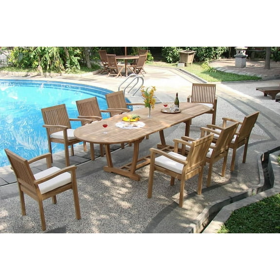 Teak Dining Set:8 Seater 9 Pc -117" Mas Oval Table(Trestle Leg) And 8 Stacking Leveb Arm Chairs Outdoor Patio Grade-A Teak Wood WholesaleTeak #WMDSLVb