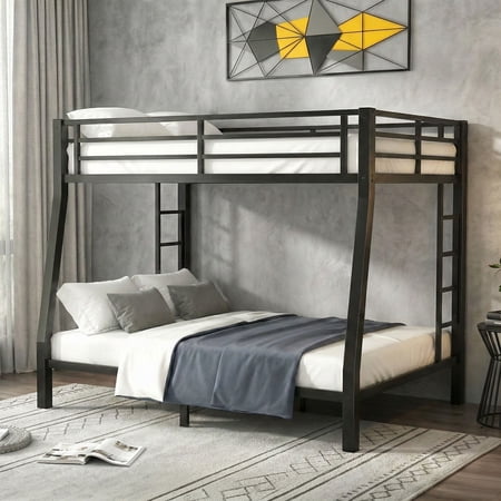 Full XL Over Queen Bunk Bed, Metal Bunk Bed Frame Heavy Duty Bunk Beds Loft Bed Frame with Ladder and Guardrail Metal Slats No Box Spring Required for Adults Teens