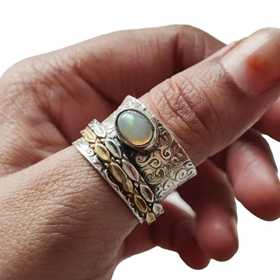 Natural Opal Spinner Band, October Birthstone, Meditation Ring, 925 Sterling Silver Ring, Spinning Ring, Two Tone Ring, Fidget Ring, Handmade Jewelry, Christmas, Womans Band Ring, Anxiety Ring, Gifts