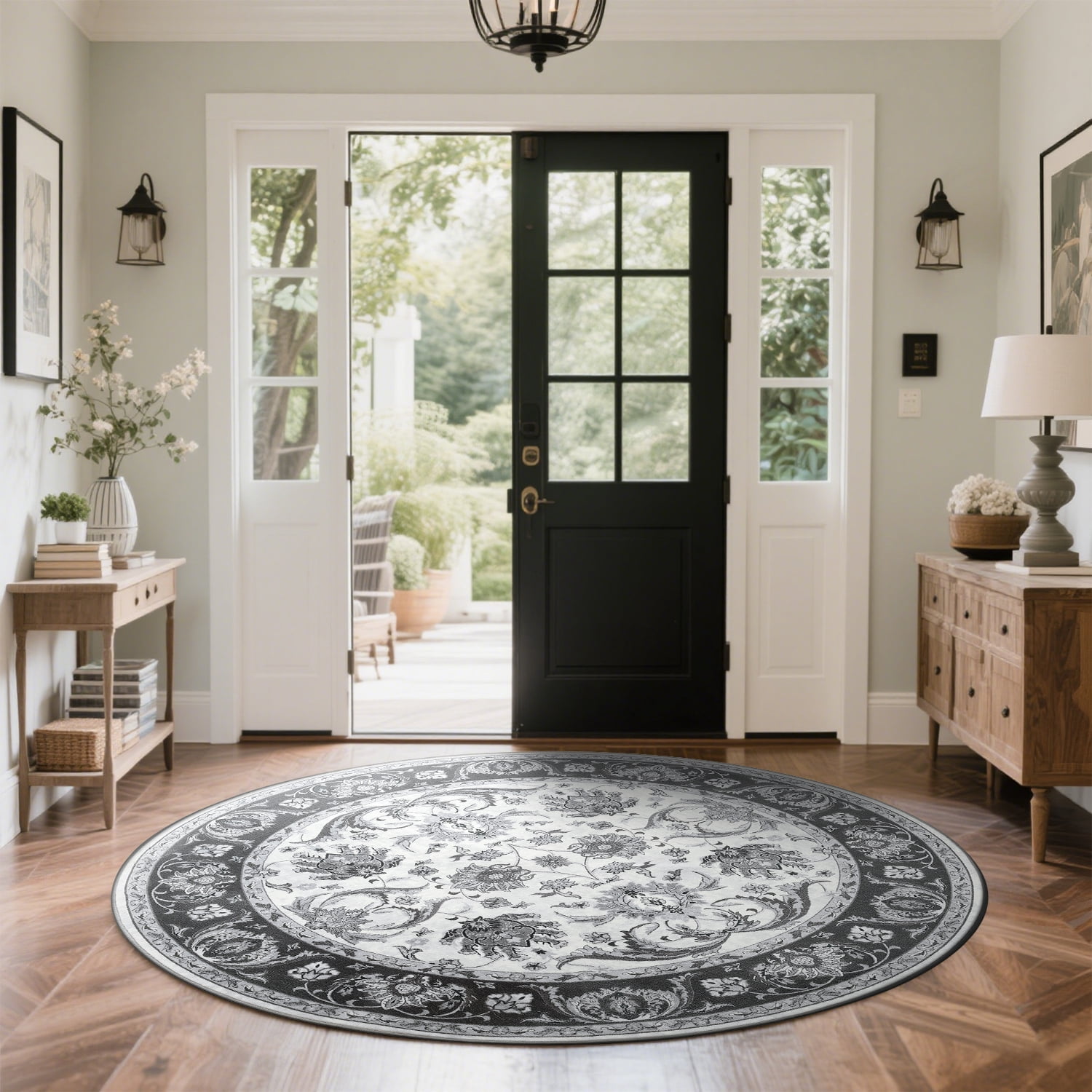 Cydiria Gray Round Persian Medallion Area Rug Floral Pattern Print Low-Pile Carpet for Living Room, 6' x 6'