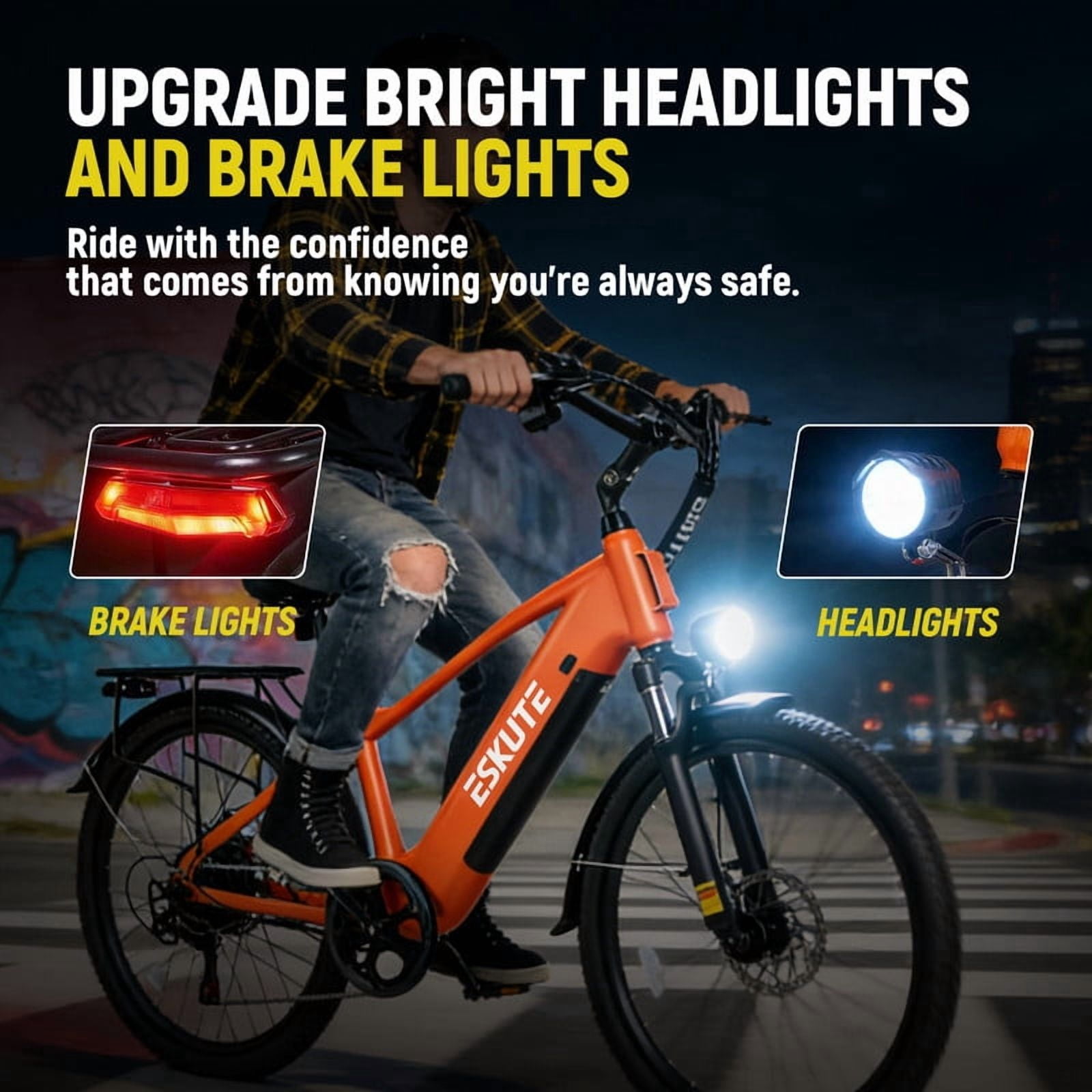 ESKUTE C200 70-Mile Electric Bike for Adults with 840Wh Removable Battery, 1300W Peak Power Ebike, Up to 28MPH Speed, 26" Tires, 7-Speed Step-Over E-Bicycle,Orange with Phonebag & Lock, UL2849