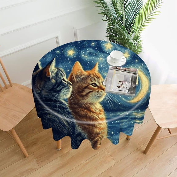 RKSupls 60 Inch Round Tablecloth, Cats Moon Stars Night Premium Polyester Straight Edge Wrinkle Resistant Washable Table Cover for Party Home Dining Decor