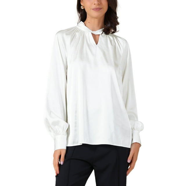 INSPIRAR CHIC Blusas Elegantes de Manga Larga de Satén de Seda para Mujeres, Cuello en V, Color Blanco