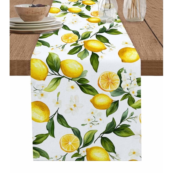 White Flowers Table Runner 70 Inches, Elegant Floral Yellow Lemon Fruit Bed Runner Dresser Scarves Tabletop for Indoor Outdoor Parties/Ceremony/Banquet, 13" x 70"