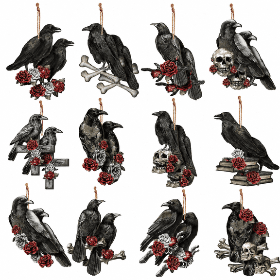 12 Pack Gothic Raven Hanging Ornaments, Halloween Crow Party Decor