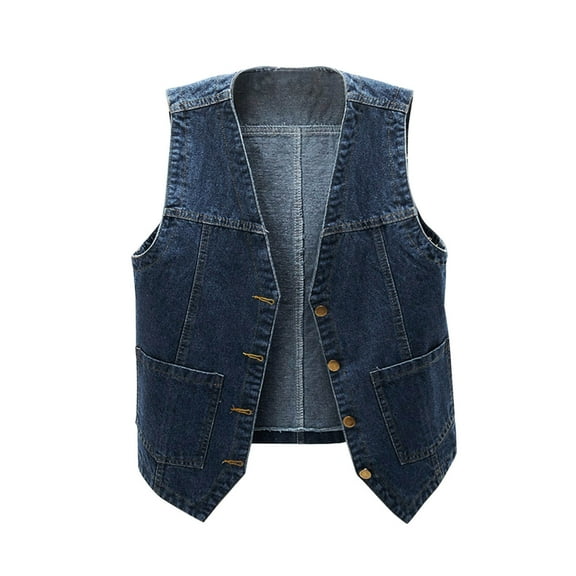 Women’s Denim Cropped Vests Button V-Neck Jean Vests Tops Sleeveless Jean Jacket Summer Western Waistcoat with Pockets Blue XL