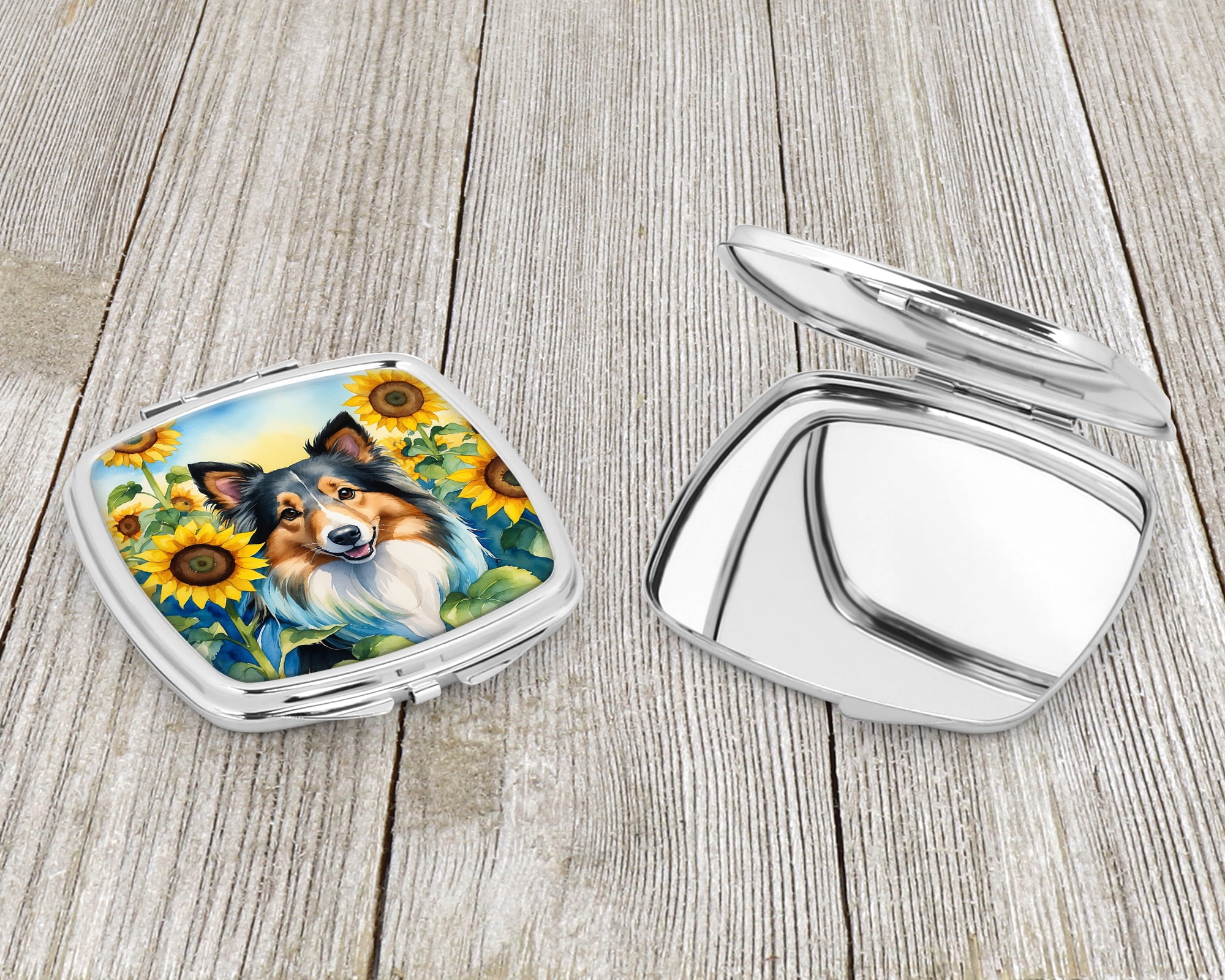 Sheltie in Sunflowers Compact Mirror 2.75 in x 3 in