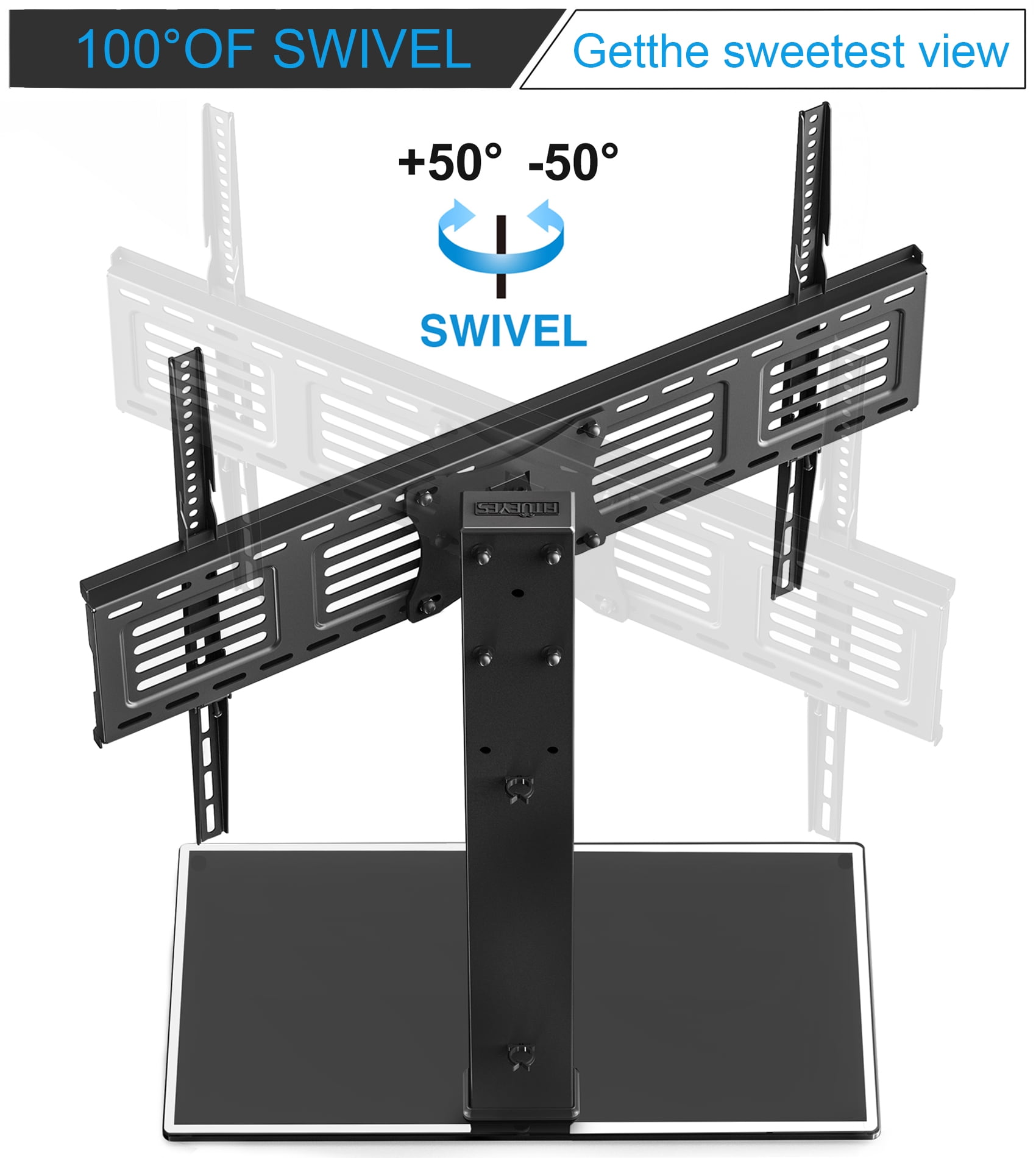 FITUEYES Universal TV Stand/Base Swivel Tabletop TV Stand with Mount for 50 to 80 inch Flat Screen TV 100 Degree Swivel, 4 Level Height Adjustable,Tempered Glass Base,Holds up to 143 lbs Screens