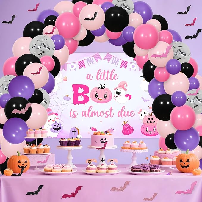 Halloween Baby Shower Balloon Arch Garland Kit, A Little Boo Is Almost Due Banner Backdrop, Bat Wall Stickers, Halloween Baby Shower Birthday Party Supplies for Girls