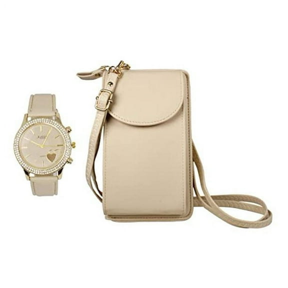 Women's Easy Reader Colorful Watch Matching with Perfect Colorful Wallet which Holds Smartphone, Credit Cards, Cash & Change Organized & Elegantly Impressive Gift Set - ST10385-Beige