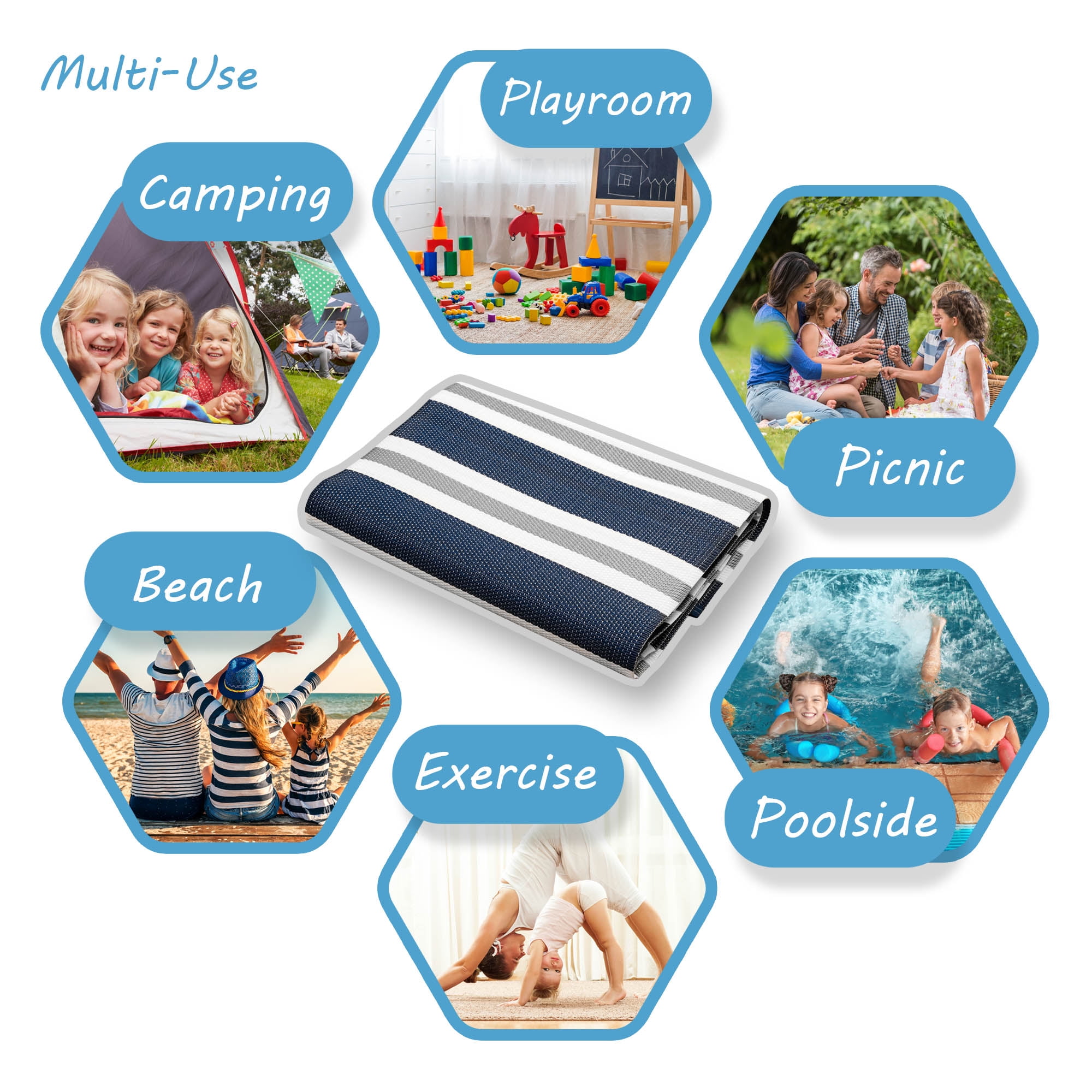 Luna Contemporary Stripe Navy and Gray Polypropylene Reversible Plastic Straw Outdoor Area Rug, 7'11'' x 10'3'' Rectangle