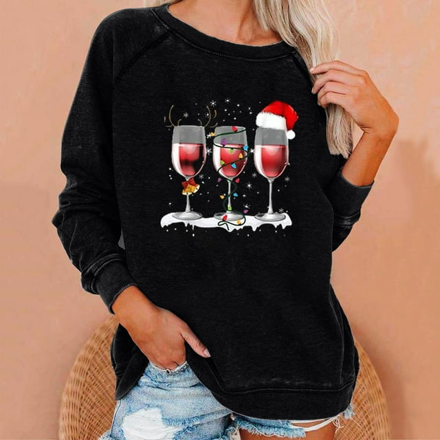 Nouveaux Hauts pour Femmes 2023 Manches Longues Col Rond Hauts Chemises Amples Imprimé de Noël Blouse Graphique Coupe Décontractée Chandail en Molleton Oversize pour Femmes