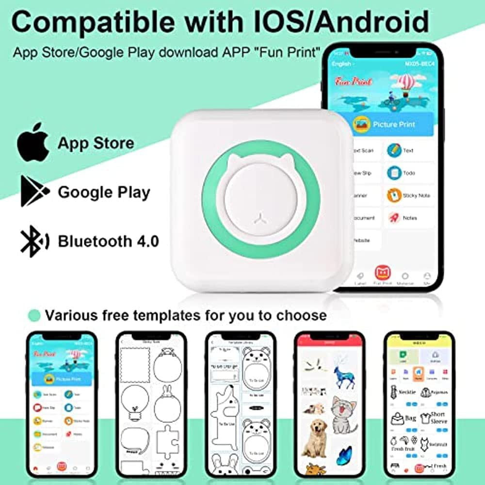 Mini Printer Portable, Pocket Thermal Printer with 13 Rolls Printing Paper, Wireless Instant Photo Printer Compatible with IOS Android for Picture Receipt Label Note QR Code Inkless Printing