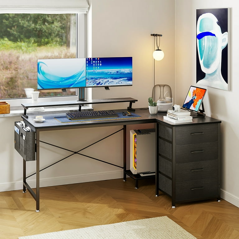 Havrvin 55 in. L Shaped Black Wood Gaming Desk with LED Strip and Power  Outlets, Computer Corner Desk Home Office