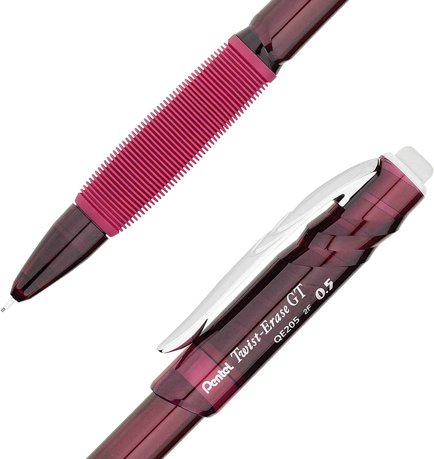 Pentel Twist-Erase GT, 0.5mm, Mechanical Pencil Transparent Burgundy barrel, Box of 12 (QE205B)