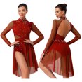thumbnail image 6 of iiniim Women's Lyrical Dance Dress Long Sleeve Ruched Ballet Skirt Leotard Contemporary Dancewear Burgundy S, 6 of 7