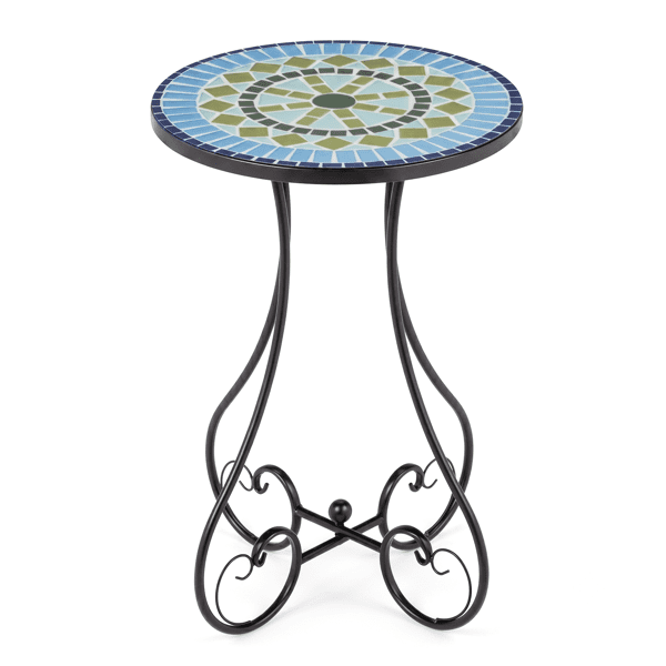 14 inch Side Table, Round Iron Top with Butterfly Legs, Indoor Outdoor Accent End Table, Mediterranean Blue-Green Mosaic