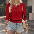 thumbnail image 2 of Miluxas Women's 3/4 Sleeve Solid Color Casual Tops Solid Color V Neck Loose Fit Shirts Red M(M), 2 of 8