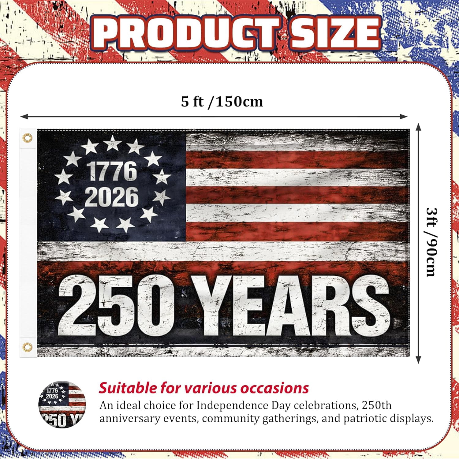 3x5 FT 250 Years Double Sided American Flag, 1776–2026 USA Flag for 250th Anniversary Birthday, Vintage Stars Patriotic Outdoor Indoor Flag for Home Yard Porch Wall Independence Day Decorations