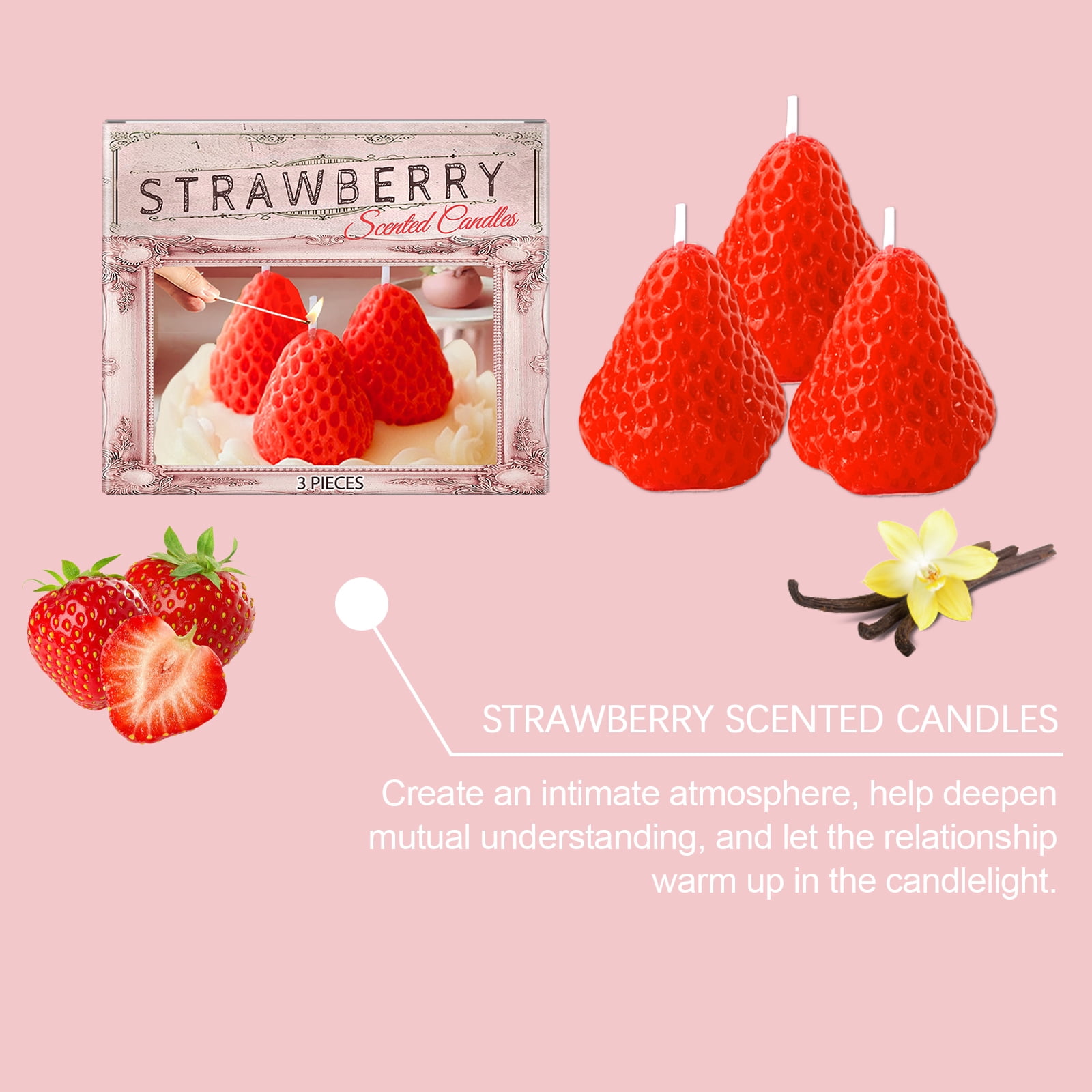 Alvantor Strawberry Candles Soy Wax Cake Shape Romantic Home Decor Gift, 3PCS