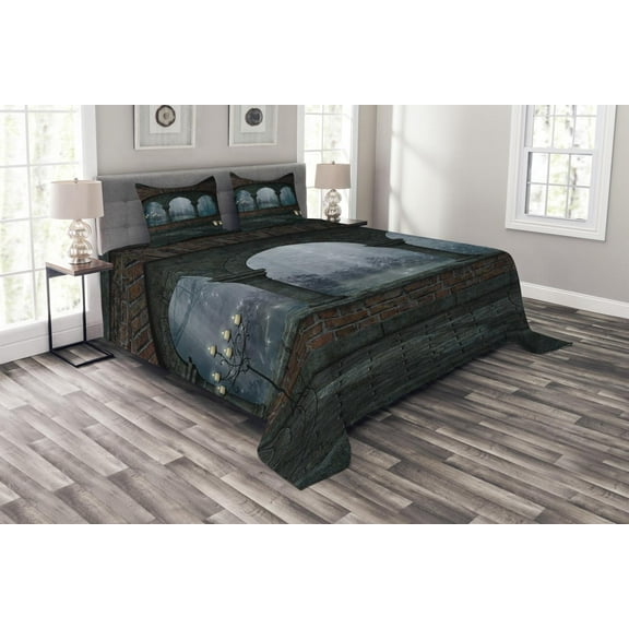 Ambesonne Gothic Quilted Bedspread Set 3 Pcs, Medieval Castle at Night, King Size, Blue Grey and Red