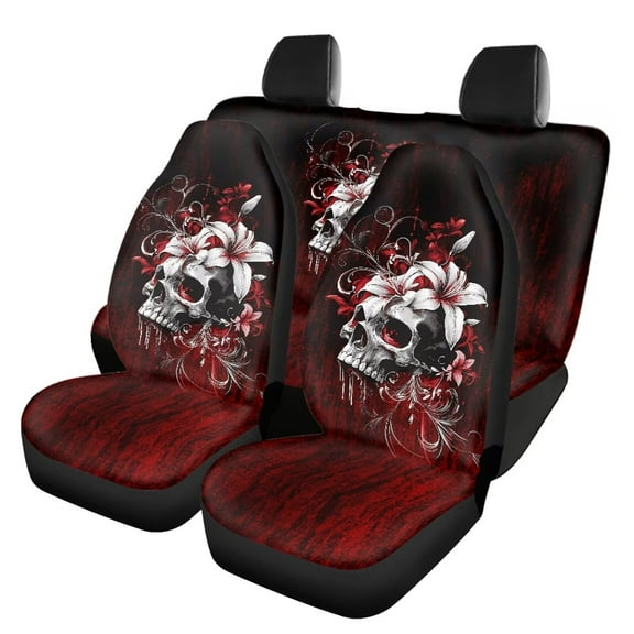 KUIFORTI Skull Car Seat Covers Full Set 4 Pcs Front Seats and Rear Bench Cover Protector Removable Automotive Accessories Easy to Install Universal Fit Most Cars