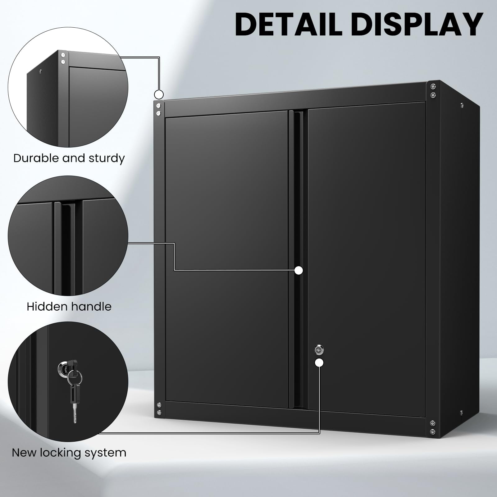 Marcree Garage Wall Storage Cabinet, Metal Wall Mount Cabinet with 2 Locking Doors and Adjustable Shelf, Small Steel Tool Cabinet for Kitchen, Garage, Laundry Room, Pantry, Black