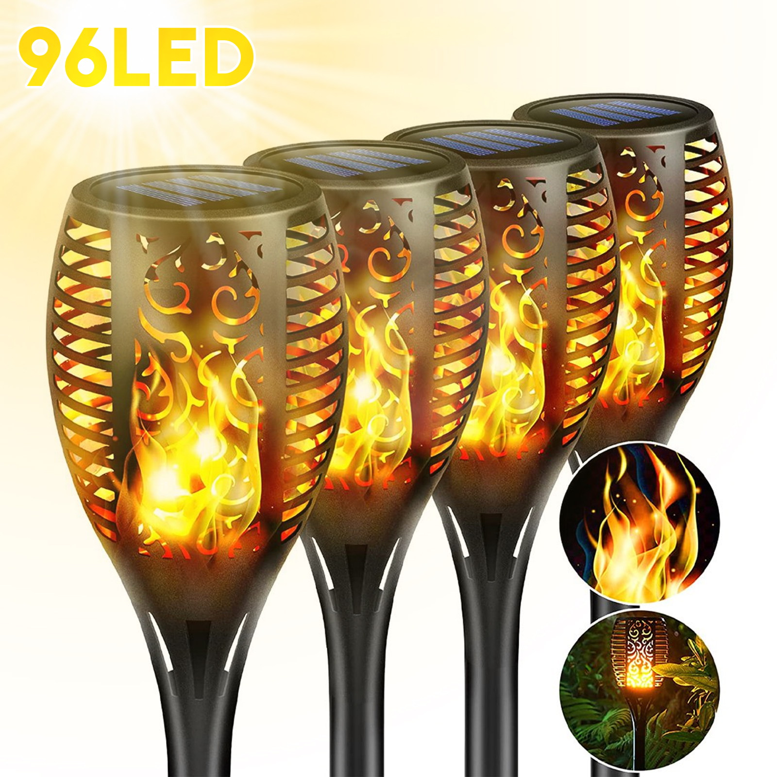 SolarEra 4 Pcs Solar Path Torch Lights, 96 LED Solar Flame Lights Outdoor Waterproof, Garden