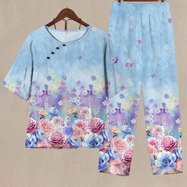Ensembles de Détente pour Femmes 2 Pcs Tenues d'Été Imprimées Manches Courtes Demi-Manches Col Rond Haut Court + Pantalon Décontracté Ensemble Deux Pièces Ensemble de Détente Grande Taille en Liquidation