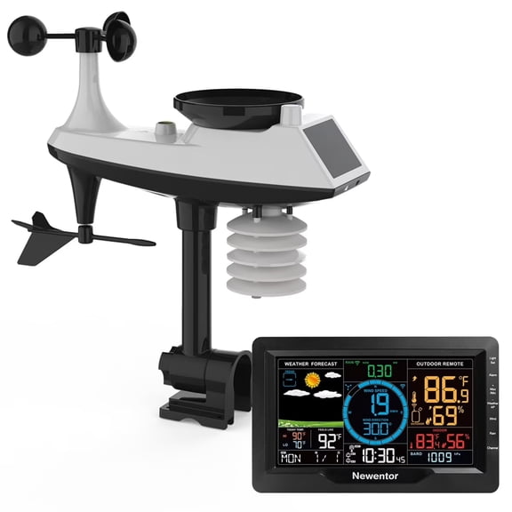 Newentor Weather Station with Solar Powered Outdoor Sensor, 6-in-1 Weather Station with Color Display for Temperature Humidity, Rain Gauge, Wind Speed, Weather Forecast (No Wifi)