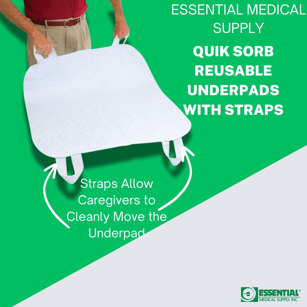 Essential Medical Supply Quik-Sorb 34" x 35" Quilted Reusable Underpad with 4 Straps - Waterproof Incontinence Bed Pads for Adults and Seniors, Washable Bed Pads with Handles for Caregivers