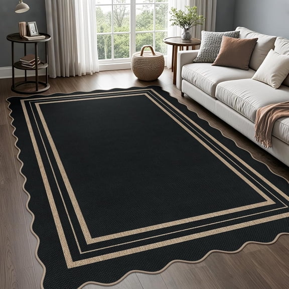 Scalloped 5x7 Black Geometric Indoor Outdoor Rug