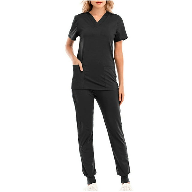 Grrvtrz Uniformes d'Infirmières Ensemble de Blouses Médicales pour Femmes, Haut à Col en V Extensible et Pantalon Jogger, Anti-Rides, Coupe Ajustée, Blouses de Travail pour Femmes Ensembles