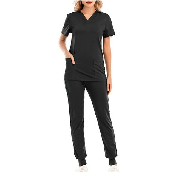 yoeyez Scrubs for Women Set Jogger,Women's Tuck-In V-Neck Top and Pants With Pockets Plus Size Scrub Sets Black