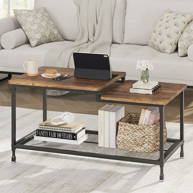 Litake Coffee Table Industrial Living Room Table 2-Tier Wood Center