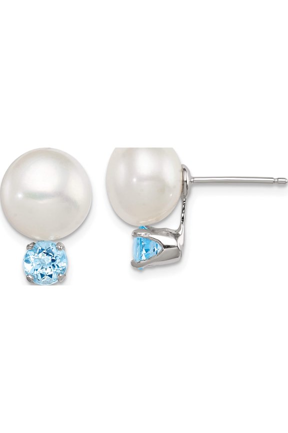 Sterling Silver 10-11mm Fwc Button Pearl With Blue Topaz Earrings (16 X 11) Made In China qe12800