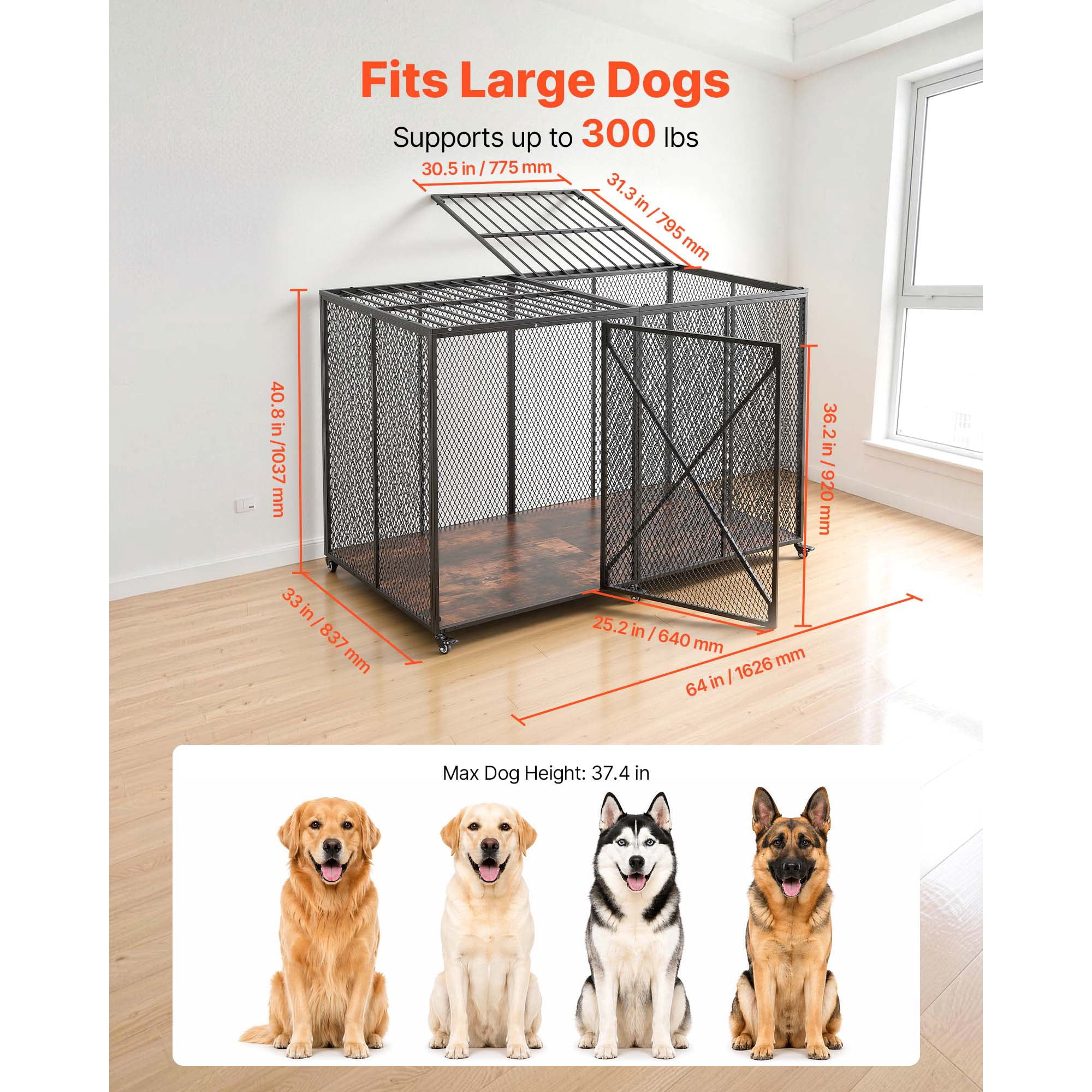 KFFKFF 64-Inch Heavy-Duty Dog Crate, 300 lbs Capacity, Durable Escape-Resistant Kennel for Large Anxious Dogs, Steel Pet Cage with Dual Doors & Lockable Wheels