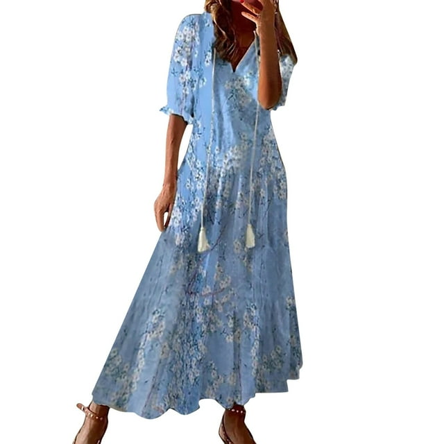 SHIXIAOO Robe à Manches Mi-Longues et Longues pour Femmes avec Franges, Imprimé Bohème, Col en V, Longueur Décontractée, Robe Portefeuille pour Femmes avec Manches, Robe d'Été Mignonne, Robe Chemise Courte