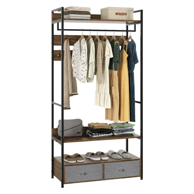 Homfa Clothes Racks, 35.4 Garment Racks with 9 Hooks and 2 Drawer Hangers,  Hall Tree 5 in 1 Coat Rack with Shoe Storage for Entryway Hallway, Espresso  