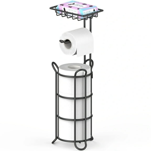 stusgo Upgraded Toilet Paper Holder Free Standing, Upgraded Portable Stainless Steel Toilet Paper Roll Storage Rack, Toilet Paper Roll Dispenser with Top Storage Shelf for Bathroom (Black)