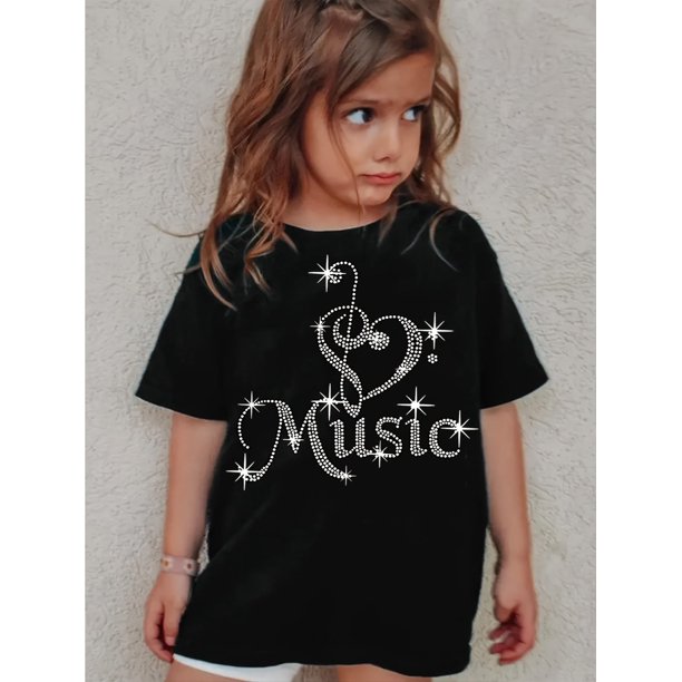 SCKMEU Girls' Elegant Music Note & Rhinestone Graphic Tee - Black Casual Round Neck Short Sleeve T-Shirt, Machine Washable, Soft Stretch Fabric, Perfect for Spring/Summer