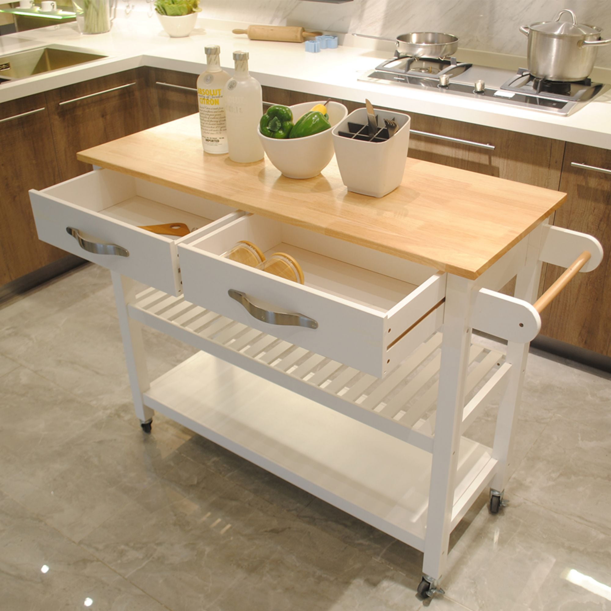 Aukfa Kitchen Cart,Kitchen Island Cart on Lockable Wheels and Two Drawers - White